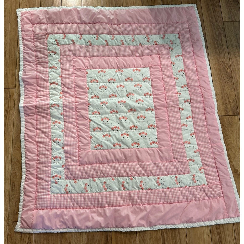 Handmade Pink Bunny Gingham Baby Quilt Floral Nursery Blanket 42x50
